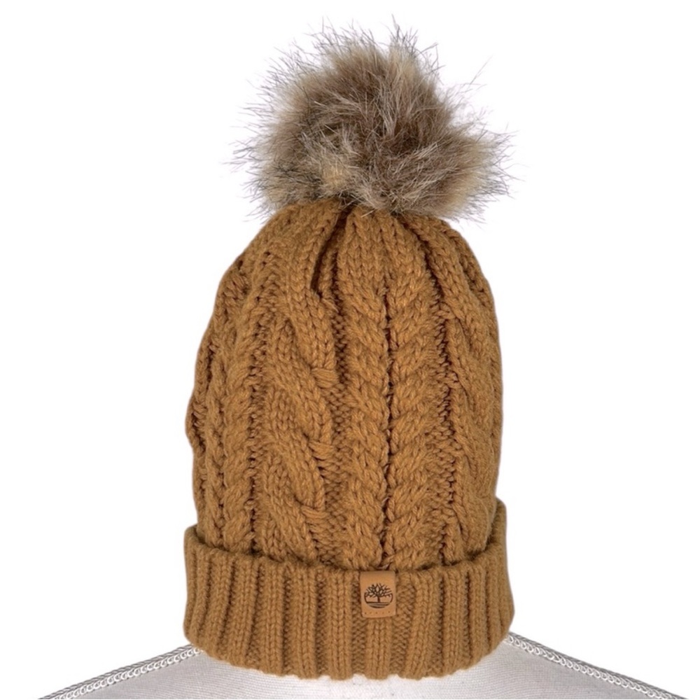 Timberland Brown Knit Winter Fall Furry Top Sherpa Lined Beanie One Size